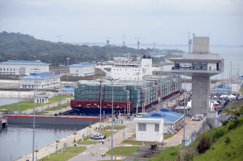 Chinese-chartered ship Cosco Shipping Panama crosses the new Agua Clara Locks during the inauguration of the expansion of the Panama Canal in Colon