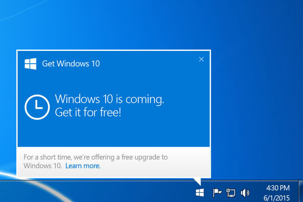 A notification window seen by previous windows version users