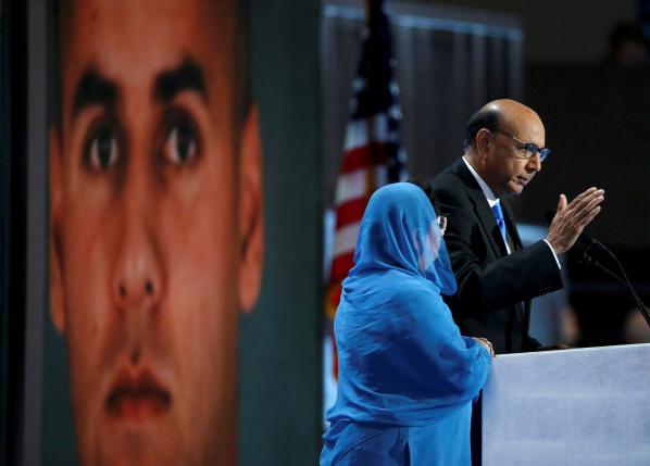 Khizr Khan, who's son Humayun (L) was killed serving in the U.S. Army, speaks at the Democratic National Convention in Philadelphia