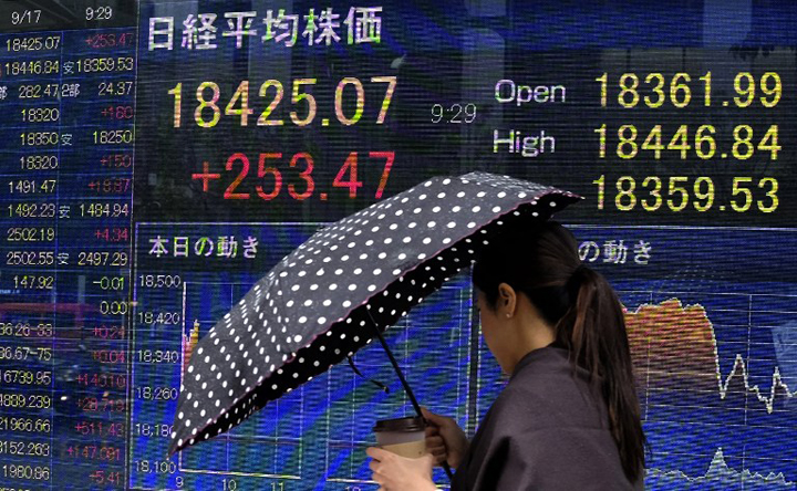 A pedestrian walks past a board showing the numbers on the Nikkei 225 index at the Tokyo Stock Exchange in Tokyo