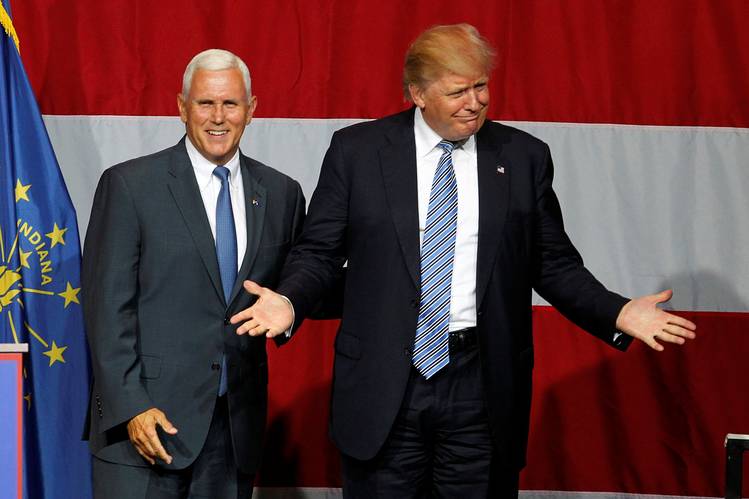 Donald Trump and Indiana Gov. Mike Pence before addressing the crowd during a campaign stop in Westfield, Ind., on July 12