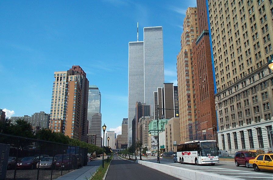 The World Trade Center from the then newly completed West Side Highway in July 2001