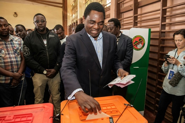 Zambian presidential candidate Hakainde Hichilema of main opposition party United Party for National Development, casts his ballot during the general elections in Lusaka, on August 11, 2016