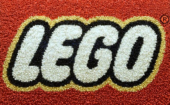 A Lego logo adorns a wall at the headquarters of the Danish toy company during the annual news conference in Billund, Denmark 