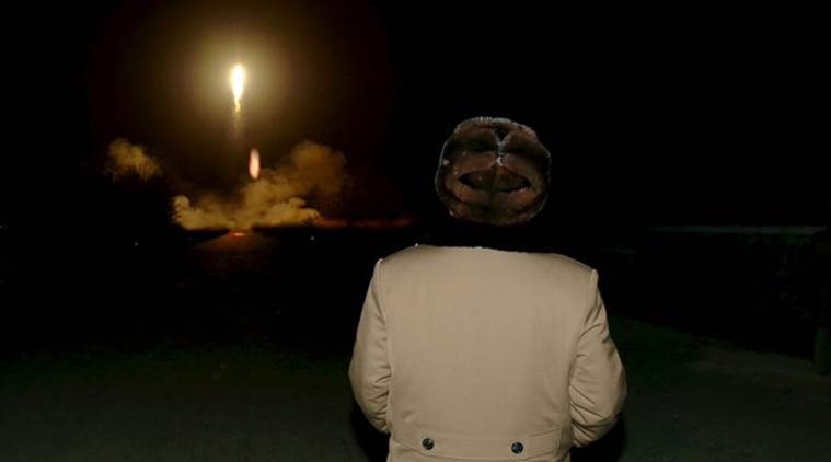North Korean leader Kim Jong Un watches the ballistic rocket launch drill of the Strategic Force of the Korean People’s Army (KPA) at an unknown location