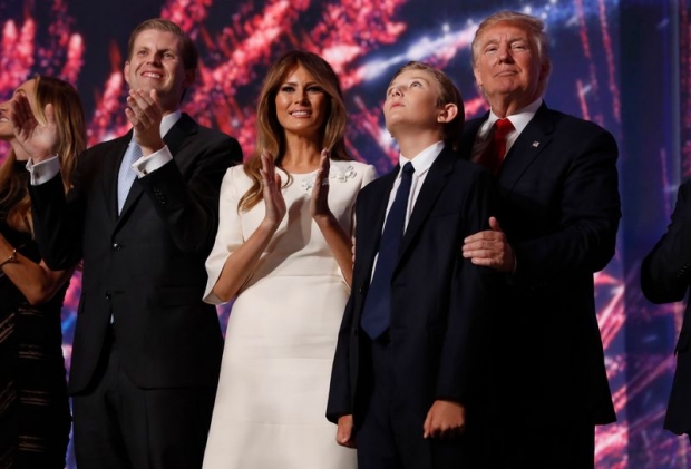 Republican US presidential nominee Donald Trump stands with (from left) his son Eric, wife Melania and son Barron at the conclusion of the Republican National Convention in Cleveland,