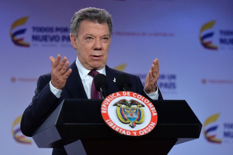 Colombian President Juan Manuel Santos speaking during a press conference at Narino Palace in Bogota