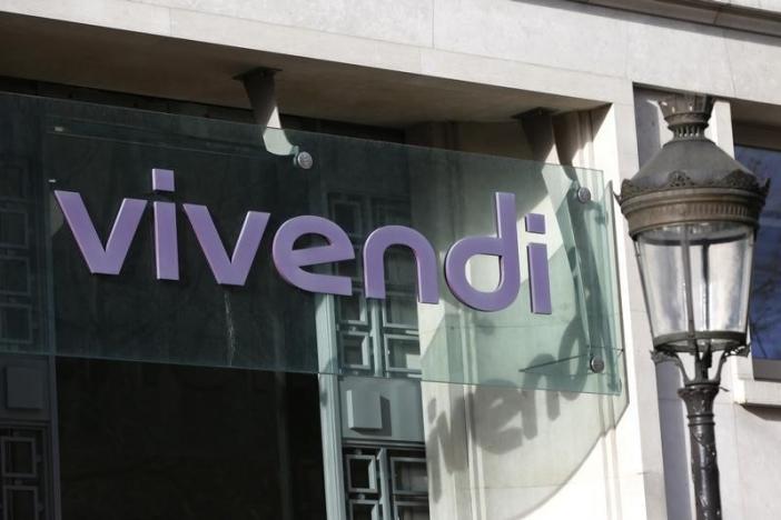 The Vivendi logo is pictured at the main entrance of the entertainment-to-telecoms conglomerate headquarters in Paris